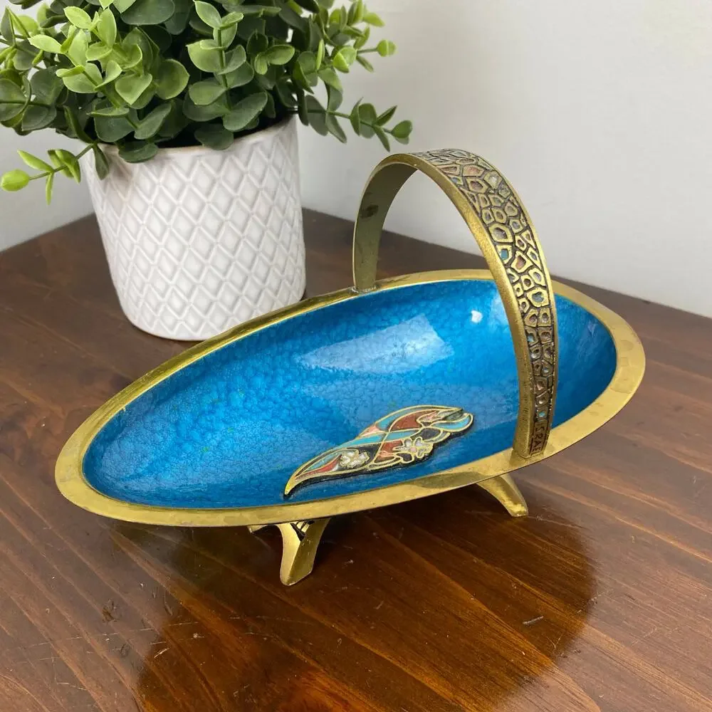 Vintage MCM Judaica Brass Blue Enamel Pedestal Bowl Handmade In Israel Decor